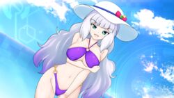  aqua_eyes bikini breasts commentary_request day female gundam gundam_exa hat highres kagayama_hajime large_breasts long_hair multicolored_hair ocean purple_bikini sky solo sthesia_awar_nono sun_hat swimsuit two-tone_hair white_hair 