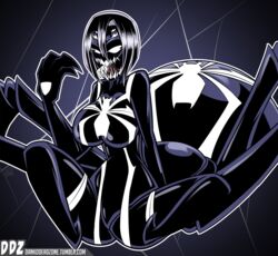  arachne arthropod_girl black_hair bodysuit breasts commentary_request crossover dankodeadzone extra_eyes female highres large_breasts marvel monster_girl monster_musume_no_iru_nichijou open_mouth rachnera_arachnera sharp_teeth spider-man_(series) spider_girl symbiote taur teeth tongue venom_(marvel) white_eyes 