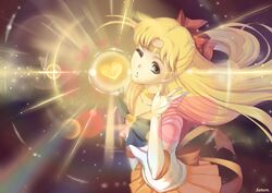  :o absurdres aino_minako bishoujo_senshi_sailor_moon blonde_hair blue_eyes bow brooch choker circlet collarbone commentary elbow_gloves female gloves hairbow heart heart_brooch highres jewelry long_hair looking_at_viewer magical_girl one_eye_closed orange_choker orange_sailor_collar sailor_collar sailor_senshi_uniform sailor_venus saturn_(satscarlet) solo super_sailor_venus venus_love_and_beauty_shock 