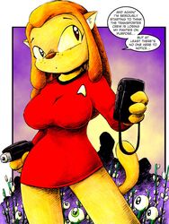  alien anthro anthro_only brian_christy_burke caitian_(species) clothing comic dialogue drake_fenwick english_text feline female furry furry_only handgun inner_ear_fluff orange_fur phaser red_shirt shiboline_m&#039;ress solo speech_bubble star_trek star_trek_the_animated_series starfleet_insignia starfleet_uniform tail text tricorder uniform weapon yellow_sclera 