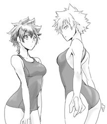  2girls alternate_costume asahi big_ass big_breasts clothed clothing expressionless female_bakugou female_deku freckles genderswap greyscale izuku_midoriya katsuki_bakugou legs looking_at_viewer medium_breasts monochrome my_hero_academia one-piece_swimsuit rule_63 short_hair sketch swimsuit thick_thighs thighs tight_clothing tomboy very_short_hair 