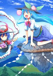  &gt;_&lt; 2girls :d ^_^ arm_support b-ginga basket blue_hair blue_sky blush bow closed_eyes cloud commentary_request day flying food forest frills fruit happy hat hat_ribbon hinanawi_tenshi horizon keystone kneeling lake landscape leaf long_hair long_skirt mountain multiple_girls nagae_iku nature open_mouth outdoors peach red_eyes revision ribbon rock rope shawl shirt short_hair short_sleeves skirt sky smile straight_hair touhou very_long_hair xd 