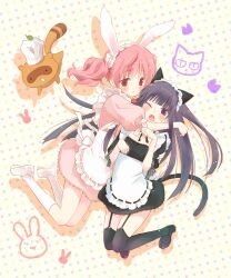  2girls :&lt; animal_ears black_hair black_thighhighs blush cat_ears cat_tail chef_hat commentary_request d; eretto fake_animal_ears full_body garter_straps hat hug inu_x_boku_ss leaf long_hair maid multiple_girls one_eye_closed open_mouth paw_pose photoshop_(medium) pink_eyes pink_hair purple_eyes rabbit_ears roromiya_karuta shirakiin_ririchiyo tail tanuki thighhighs twintails watanuki_banri 