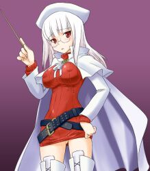  aty_(summon_night) aty_(summon_night)_(cosplay) belt blush breasts cape commentary_request cosplay covered_nipples female glasses hand_on_own_hip hat heidimarie_w._schnaufer large_breasts mirutsu_(milts) pointer red_eyes solo strike_witches summon_night summon_night_3 white_hair world_witches_series 