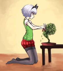  bad_id black_hairband bonsai bow female flat_chest gardening_shears grey_hair hairband kneeling konpaku_youmu pantyhose pas_(paxiti) photoshop_(medium) pruning_shears shears short_hair solo thighband_pantyhose touhou tree vest 