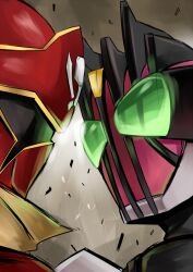  2boys close-up commentary_request crossover face-to-face gokai_red gradient_background green_eyes helmet kaizoku_sentai_gokaiger kamen_rider kamen_rider_dcd kamen_rider_decade multiple_boys nishida_megane rubble super_sentai upper_body 