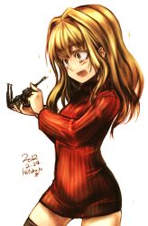  black_thighhighs blonde_hair blush commentary_request dated dress female hair_intakes highres kotoba_noriaki long_hair model open_mouth original signature simple_background solo sparkle sweater sweater_dress thighhighs turtleneck white_background yellow_eyes zettai_ryouiki 