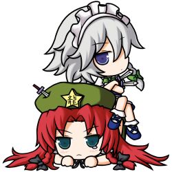  2girls :&lt; blue_eyes blush braid chibi commentary_request crossed_arms el@tewi grey_hair hair_ribbon hat hong_meiling izayoi_sakuya knife knifed long_hair lying maid maid_headdress multiple_girls on_stomach red_hair ribbon short_hair sitting sitting_on_person star_(symbol) tears touhou twin_braids 