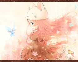  animal_hat aqua_eyes bird bug butterfly cat_hat chick commentary_request feline female fish flower frills happy_birthday hat long_hair looking_down megurine_luka megurine_luka_(toeto) nim_(sivo) pink_hair profile sad toeto_(vocaloid) vocaloid wind 