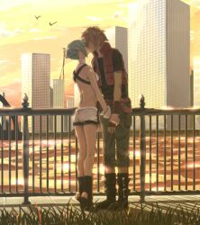  1boy amata_sora aqua_hair aquarion_(series) aquarion_evol ass_cutout bad_id bad_pixiv_id bird boots city clothing_cutout couple female grass height_difference holding_another&#039;s_wrist kissing railing river serohan short_hair short_shorts shorts straight tiptoe_kiss tiptoes water wrist_cuffs zessica_wong 