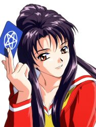  1990s_(style) black_hair breasts card cardigan cleavage female grin head_tilt highres holding holding_card ishida_nagisa long_hair long_sleeves looking_at_viewer medium_breasts mole mole_under_eye non-web_source official_art orange_eyes pentagram photoshop_(medium) ponytail retro_artstyle school_uniform serafuku sidelocks simple_background smile solo upper_body white_background yamada_masaki zenkoku_seifuku_bishoujo_grand_prix 