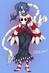  blue_skin blush character_name corset detached_sleeves dress female frown hair_over_one_eye leviathan_(skullgirls) long_hair monster_girl ponytail purple_hair red_eyes scar side_ponytail skull skullgirls slugbox solo squiggly_(skullgirls) squigly_(skullgirls) stitches striped striped_legwear zombie 