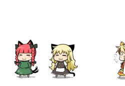  3girls :3 =_= animal_ears blonde_hair blush_stickers bow braid cat_ears cat_tail chibi closed_eyes commentary_request dress food food_on_head fruit green_dress hairbow harunatsu_akito heavy_breathing kaenbyou_rin kemonomimi_mode kirisame_marisa long_sleeves multicolored_hair multiple_girls no_headwear object_on_head orange_(fruit) paw_print photoshop_(medium) red_hair shaded_face short_sleeves simple_background sleeves_past_wrists standing streaked_hair sweat tail tiger_ears toramaru_shou touhou twin_braids walking white_background 