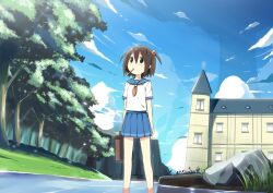  blue_sky brown_hair cloud commentary_request day female food forest hair_bobbles hair_ornament mouth_hold nature original outdoors pocky scenery school_uniform serafuku short_hair skirt sky sky-freedom solo standing strawberry_pocky stream tree two_side_up wading water 