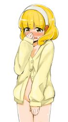  bad_id bad_pixiv_id blonde_hair blush bottomless cardigan covering_crotch covering_privates female groin hairband mitsuya_(okiagari) naked_cardigan no_panties open_mouth precure smile_precure solo tears wavy_mouth white_background white_hairband yayoi_kise yellow_eyes 