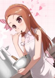  apron bare_shoulders blush brown_eyes brown_hair chocolate female hair_ribbon heart idolmaster idolmaster_(classic) long_hair minase_iori petite ribbon smile solo ttomm valentine 