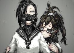  2girls black_hair brown_hair commentary_request cyberpunk eyepatch glasses grey_eyes hair_over_one_eye long_hair multiple_girls oguchi original partial_commentary ponytail respirator school_uniform serafuku short_hair simple_background upper_body 