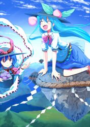  2girls arm_support b-ginga blue_hair closed_eyes commentary_request food fruit hat hinanawi_tenshi leaf long_hair md5_mismatch multiple_girls nagae_iku open_mouth peach red_eyes rock shawl short_hair smile touhou 