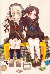  2girls bench black_legwear blonde_hair braid bright_pupils green_eyes hair_over_shoulder hair_ribbon headphones kneehighs loafers long_hair long_sleeves mota multi-tied_hair multiple_girls neckerchief original parted_lips photoshop_(medium) pleated_skirt red_eyes ribbon school_uniform serafuku shoes sitting skirt smile socks thighhighs twin_braids twintails v_arms white_legwear wire 