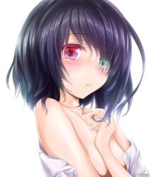  another bare_shoulders black_hair blush collarbone commentary_request covering_breasts covering_privates female green_eyes heterochromia looking_at_viewer misaki_mei no_bra no_eyepatch off_shoulder red_eyes short_hair simple_background solo upper_body white_background wingheart 