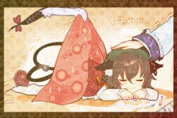  3girls :3 animal_ears bad_id bad_pixiv_id blanket brown_hair cat_ears cat_tail chen closed_eyes crayon drawing dress earrings elbow_gloves gap_(touhou) gloves hands hat headpat holding itomugi-kun jewelry letterboxed long_sleeves lying multiple_girls multiple_tails no_shoes on_stomach paper red_ribbon ribbon short_hair single_earring sleeping smile tail touhou translated white_gloves white_legwear yakumo_ran yakumo_yukari yarn yarn_ball 