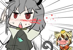  2girls animal_ears animal_print blonde_hair blood blush capelet chasing chestnut_mouth commentary_request emphasis_lines flailing fleeing food food_on_head fruit grey_hair harunatsu_akito jewelry kemonomimi_mode long_sleeves motion_lines mouse_ears mouse_tail multicolored_hair multiple_girls nazrin nose_blush nosebleed object_on_head open_mouth orange_(fruit) pendant photoshop_(medium) ringed_eyes running short_hair simple_background sleeves_past_wrists streaked_hair sweat tail tears teeth tiger_ears tiger_print toramaru_shou touhou upper_body upper_teeth_only waving_arms wavy_mouth white_background 