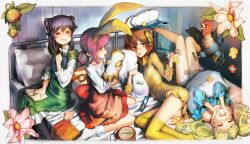  4girls =_= alarm_clock animal ataruman bed bird black_hair blonde_hair blush bobby_socks book brown_hair candy chicken clock commentary_request cordelia_glauca dress feline flower food hand_on_own_face hat hercule_barton highres hugging_object kamaboko_(milky_holmes) kneehighs legs long_hair lying male_chicken multiple_girls no_shoes on_back on_bed on_side open_book open_mouth photoshop_(medium) pillow pillow_hug pink_hair sherlock_shellingford short_hair sitting socks striped tantei_opera_milky_holmes wariza yellow_legwear yuzurizaki_nero 