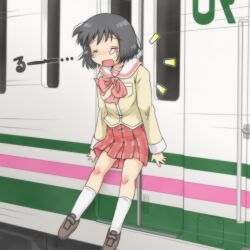  black_hair closed_eyes commentary_request failure female gaketsu nichijou open_mouth school_uniform shinonome_nano short_hair skirt solo tears tokisadame_school_uniform train winding_key 