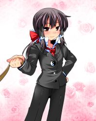  alternate_costume alternate_hairstyle ascot black_hair blush bow brown_eyes business_suit commentary_request female flower formal hairbow hakurei_reimu ichimi jacket leash pants photoshop_(medium) pink_flower pink_rose ponytail pov rose shirt smile solo suit touhou viewer_on_leash yin_yang 