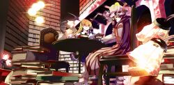  2girls bad_id bad_pixiv_id book bookshelf crescent hat head_wings koakuma lamp library looking_at_viewer looking_back multiple_girls necktie patchouli_knowledge purple_hair red_eyes shunsei_(muratou) sitting socks table touhou voile wings 