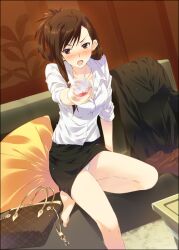  alcohol bag barefoot blush brown_hair couch cup drinking_glass drunk earrings female glass handbag jewelry kazaoka_mari long_hair long_legs looking_at_viewer mizuki_makoto office_lady open_mouth outstretched_arm panties pantyhose pantyshot photoshop_(medium) pillow red_eyes sitting skirt sleeves_rolled_up solo underwear unworn_pantyhose white_album_(series) white_album_2 white_panties wine wine_glass 