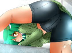  ass bent_over bike_shorts commentary_request derivative_work female frog green_hair green_shirt honehone kochiya_sanae legs looking_at_viewer md5_mismatch ribbed_sweater shirt smile solo sweater touhou yellow_eyes 