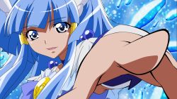  aoki_reika blue_background blue_eyes blue_hair blue_theme brionac commentary_request cure_beauty eyelashes female hair_tubes kawamura_toshie_(style) let&#039;s_go!_smile_precure!_(song) long_hair magical_girl official_style outstretched_hand precure sidelocks smile smile_precure solo 