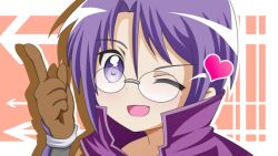  :d :o akechi_mitsuhide_(sengoku_otome) arrow_(symbol) bad_id bad_pixiv_id brown_gloves female fuzuki_hikage glasses gloves heart one_eye_closed open_mouth parody photoshop_(medium) portrait purple_eyes purple_hair sengoku_otome short_hair smile solo yuru_yuri yuru_yuri&#039;s_starting 