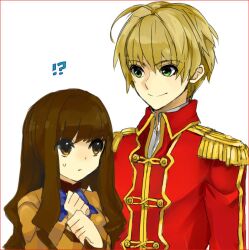  !? 1boy ahoge blazer blonde_hair border brown_eyes brown_hair coat commentary_request epaulettes fate/extra fate_(series) female genderswap_(ftm) green_eyes height_difference jacket kihiro kishinami_hakuno_(female) long_hair looking_at_another nero_claudius_(fate) nero_claudius_(fate/extra) own_hands_together photoshop_(medium) recursive_genderswap red_border rule_63 school_uniform short_hair smile sweat tsukumihara_academy_uniform_(fate/extra) white_background 