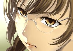  braid brown_eyes brown_hair close-up commentary_request female frown glasses gradient_background hakaba_(dairiseki) kiryuu_moeka lips portrait rimless_eyewear serious simple_background solo steins;gate 