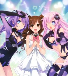  3girls :d ;) ;d absurdres armpits ayane_(singer) bare_shoulders black_gloves blue_eyes bodysuit braid breasts brown_eyes brown_hair choujigen_game_neptune_mk2 cleavage dress elbow_gloves gloves hair_ornament hairpin hand_on_own_chest highres leotard long_hair medium_breasts microphone midriff multiple_girls navel nepgear neptune_(series) official_art one_eye_closed open_mouth outstretched_hand photoshop_(medium) pink_hair purple_hair purple_heart_(neptunia) purple_sister real_life smile sparkle star_(symbol) symbol-shaped_pupils thighhighs tsunako two_side_up white_dress 