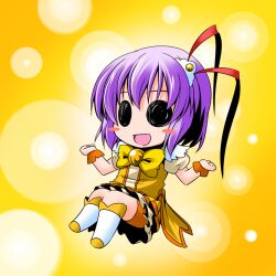  blush_stickers bow commentary_request cosplay cure_peace cure_peace_(cosplay) female hair_ornament ichimi nagae_iku open_mouth orange_shorts photoshop_(medium) power_connection precure purple_hair short_hair shorts shorts_under_skirt skirt smile smile_precure solid_circle_eyes solo touhou yellow_bow yellow_skirt yellow_theme 