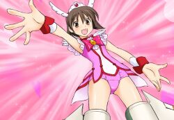  :3 adapted_costume bow brown_eyes brown_hair choker commentary_request cosplay cure_happy cure_happy_(cosplay) cure_happy_pose emphasis_lines female fukuen_misato leotard mirutsu_(milts) miyafuji_yoshika open_mouth pink_leotard pink_theme precure red_choker smile_precure strike_witches striker_unit tiara voice_actor_connection world_witches_series wrist_cuffs 