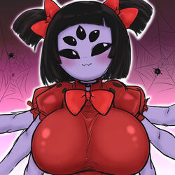  1girls 5_eyes 6_arms arachnid big_breasts female female_only huge_breasts kaxiota large_breasts looking_at_viewer muffet multi_arm multi_eye multi_limb smile solo solo_female spider tagme twintails undertale 