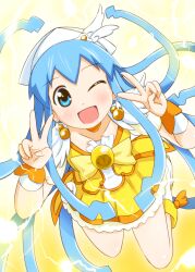  ;d blue_eyes blue_hair bow choker commentary_request cosplay cure_peace cure_peace_(cosplay) diesel-turbo double_v female ikamusume kanemoto_hisako long_hair one_eye_closed open_mouth precure shinryaku!_ikamusume skirt smile smile_precure v voice_actor_connection yellow_bow yellow_choker yellow_skirt 