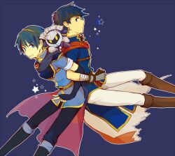  2boys bad_id bad_pixiv_id blue_eyes blue_hair cape fire_emblem fire_emblem:_mystery_of_the_emblem fire_emblem:_path_of_radiance gloves hairband ike_(fire_emblem) kirby_(series) marth_(fire_emblem) mask meta_knight multiple_boys smile super_smash_bros. tiara v yamakaji yellow_eyes 