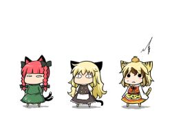  &lt;|&gt;_&lt;|&gt; 3girls :&lt; animal_ears animal_print blonde_hair blush_stickers bow braid cat_ears cat_tail chibi commentary_request dress food food_on_head fruit green_dress hairbow harunatsu_akito kaenbyou_rin kemonomimi_mode kirisame_marisa long_sleeves multicolored_hair multiple_girls no_headwear object_on_head open_mouth orange_(fruit) paw_print photoshop_(medium) red_hair short_sleeves simple_background sleeves_past_wrists slit_pupils solid_circle_eyes standing streaked_hair sweatdrop tail tiger_ears tiger_print tiger_tail toramaru_shou touhou triangle_mouth twin_braids white_background wide_oval_eyes 