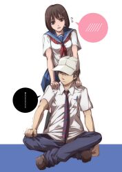  ... 1boy baseball_cap brown_eyes brown_hair commentary_request danshi_koukousei_no_nichijou female habara_(danshi_koukousei) hat karasawa_toshiyuki necktie pen photoshop_(medium) scar school_uniform short_hair sitting striped striped_necktie sumi_(joker) trembling 