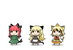  3girls :3 animal_ears animal_print blonde_hair blush_stickers bow braid cat_ears cat_tail chibi commentary_request dress food food_on_head fruit green_dress hairbow harunatsu_akito kaenbyou_rin kemonomimi_mode kirisame_marisa long_sleeves multicolored_hair multiple_girls no_headwear object_on_head orange_(fruit) paw_print photoshop_(medium) red_hair short_sleeves simple_background sleeves_past_wrists solid_circle_eyes standing streaked_hair tail tiger_ears tiger_print tiger_tail toramaru_shou touhou twin_braids white_background 