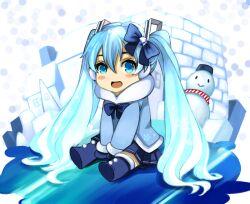  blue_eyes blue_hair boots bow commentary_request eiji_(eiji) female hairbow hatsune_miku long_hair mittens open_mouth sitting skirt smile snowman solo twintails vocaloid yuki_miku yuki_miku_(2012) 