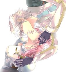  &eacute;clair_farron 1boy closed_eyes commentary_request couple female final_fantasy final_fantasy_xiii final_fantasy_xiii-2 gloves hope_estheim imminent_kiss long_hair necktie pink_hair rotational_symmetry seasaltice13 short_hair straight white_hair 