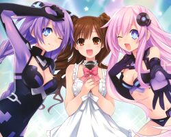  3girls ayane_(singer) bare_shoulders blue_eyes braid breasts brown_eyes brown_hair choujigen_game_neptune_mk2 cleavage dress drill_hair elbow_gloves gloves hair_ornament highres leotard long_hair looking_at_viewer medium_breasts microphone multiple_girls neptune_(series) official_art one_eye_closed outstretched_arm photoshop_(medium) purple_hair purple_heart_(neptunia) purple_sister real_life revealing_clothes ribbon smile symbol-shaped_pupils tsunako twin_braids very_long_hair white_dress 