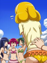  4girls aoki_reika arm_up ass awa bikini blonde_hair blue_bikini blue_hair bow closed_eyes clothes_pull cloud day green_bikini green_hair hairband happy hoshizora_miyuki jewelry long_hair midorikawa_nao multiple_girls necklace pink_bikini pink_bow pink_hair precure shirt shirt_pull short_hair shy sky smile_precure swimsuit white_hairband yayoi_kise 