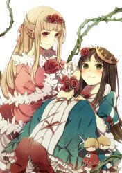  2girls black_hair blonde_hair blue_dress bow brown_eyes capelet character_doll commentary_request crown dornroschen dress flower frills fur_trim green_eyes hair_flower hair_ornament hair_ribbon holding long_hair maerchen_(sound_horizon) mugi_(twinbox) multiple_girls pantyhose plant puffy_sleeves red_flower red_footwear red_rose ribbon rose schneewittchen shoes simple_background sitting socks sound_horizon striped_clothes striped_socks tettere thorns vertical-striped_clothes vertical-striped_socks vines white_background 